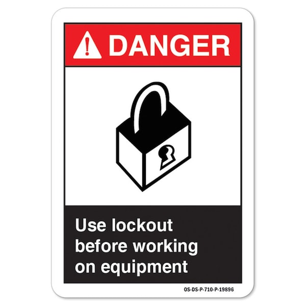 ANSI Danger, Aluminum, 14" x 10", Landscape, Use Lockout Before Working On Equipment
